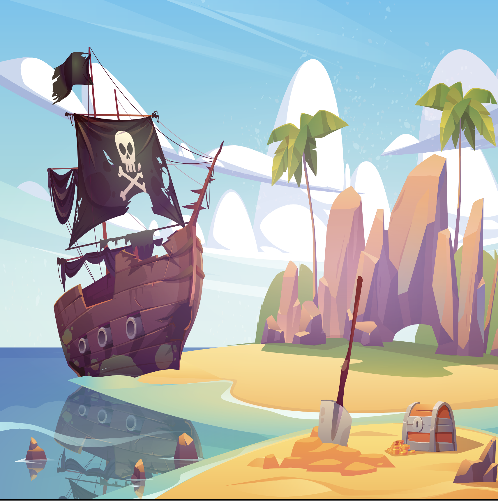 Tropical island, treasure chest and pirate ship backdrop